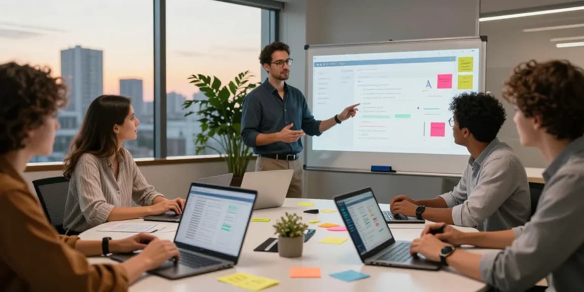 Build internal tools with AI in a collaborative workspace with diverse professionals sharing insights on innovative projects.
