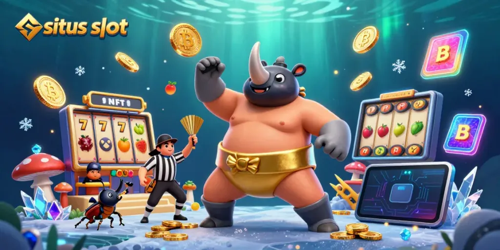 Experience the excitement of situs slot gaming in a vibrant casino scene with a 3D cartoon bug and dazzling visuals.