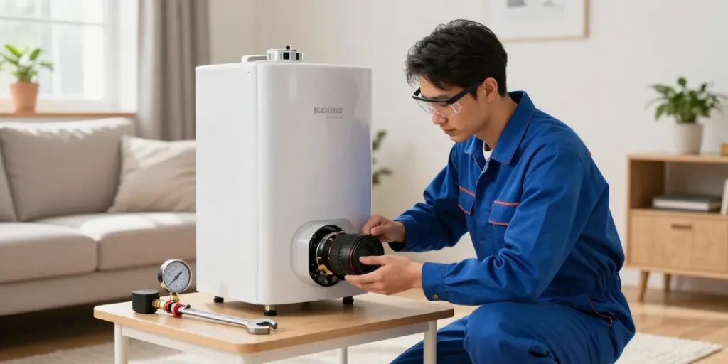 Technicus voert onderhoud uit aan een verwarmingsketel, essentieel voor entretien chaudière.