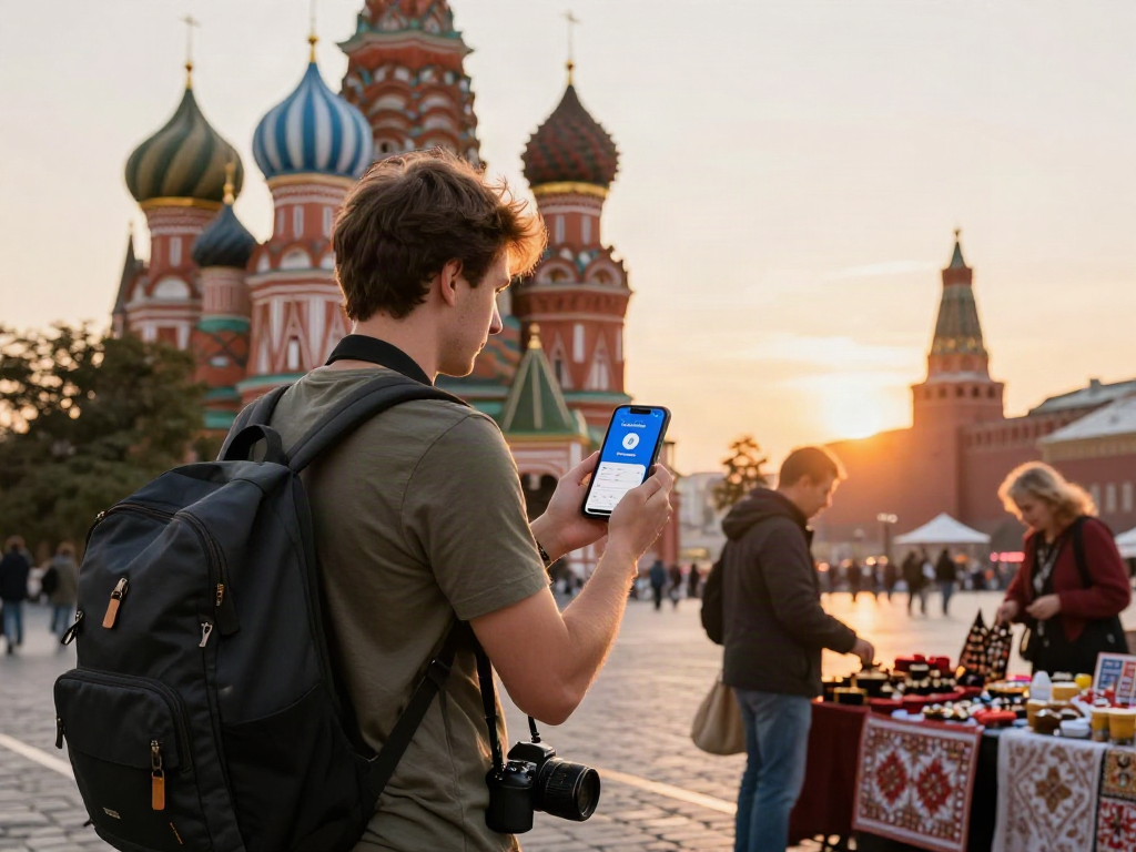 Internationale toerist betaalt met de PayInRussia-app in Moskou voor traditionele goederen, met de iconische gebouwen op de achtergrond.