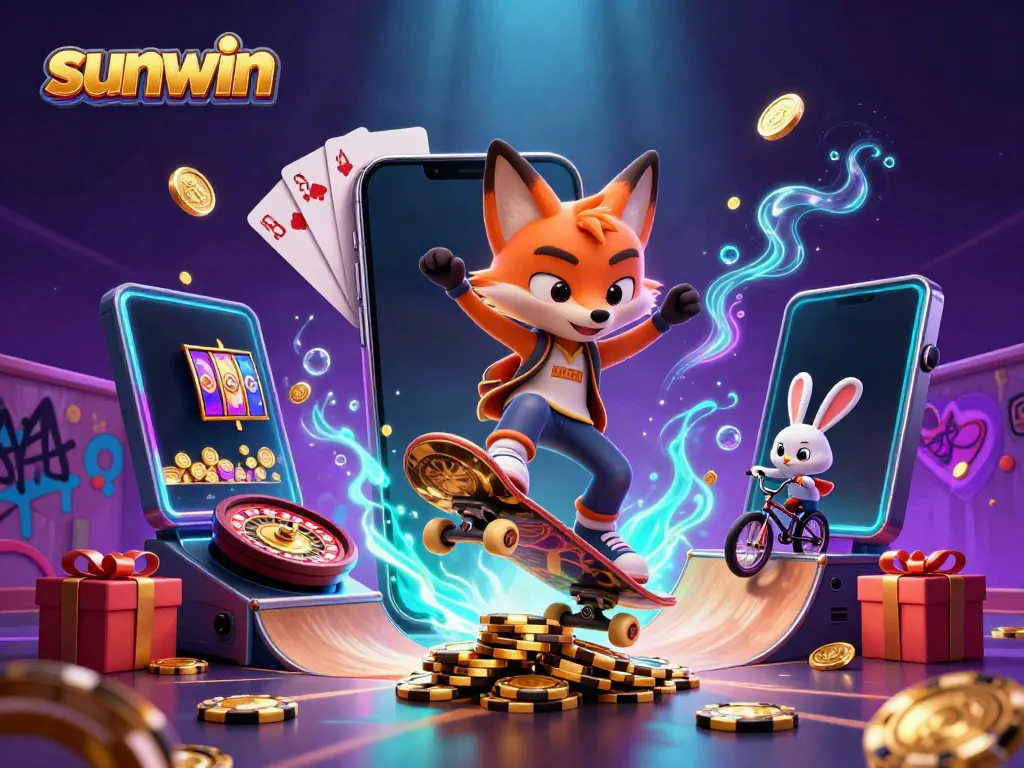 Engage in exciting gameplay with sunwin as a colorful fox & rabbit perform stunts over casino-themed ramps.
