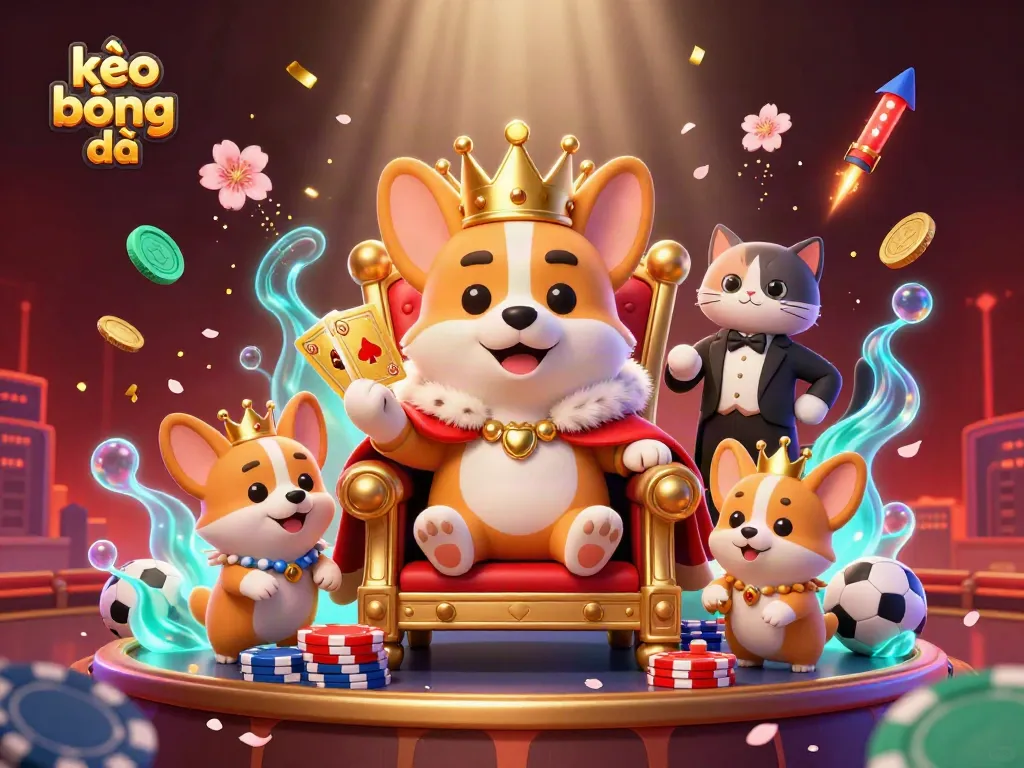 Bet on kèo bóng đá with a royal corgi surrounded by festive sports elements and luck.