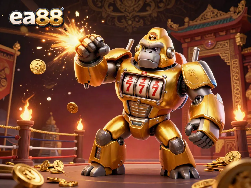 Experience thrilling gameplay with ea88, showcased in a dynamic golden gorilla mech surrounded by casino elements.