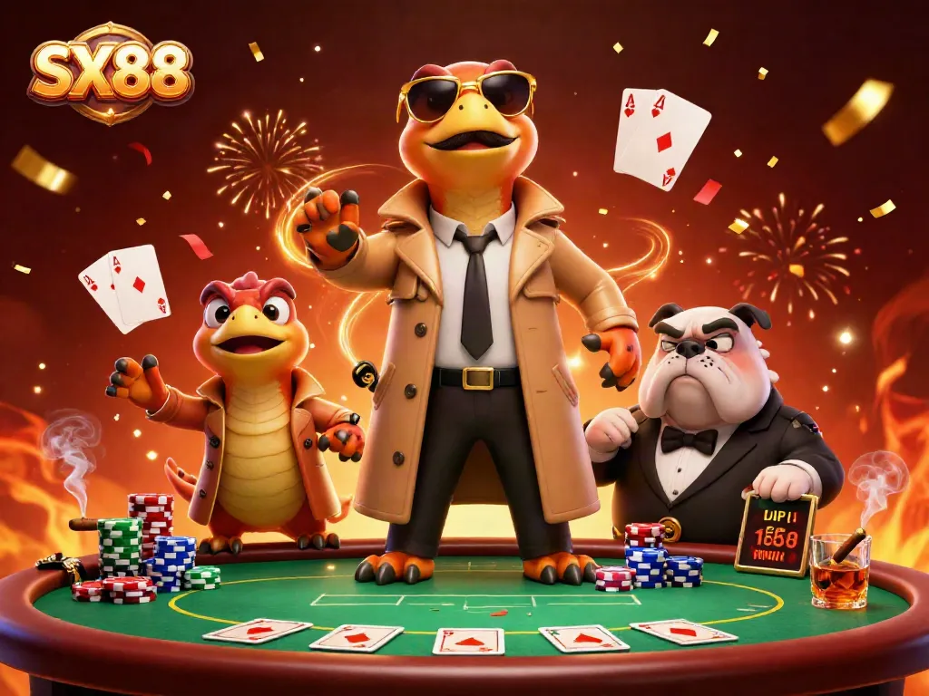 SX88 gaming raptors in a trench coat attempt entry into a VIP casino lounge, amidst poker elements.