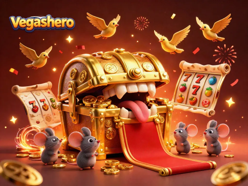 Spin the reels at vegashero casino featuring a treasure chest luring adventurer mice amidst vibrant slot game elements.