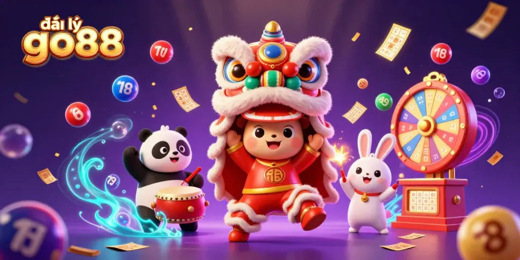 Engage in dynamic gameplay at đại lý go88 with colorful lottery elements and festive characters.