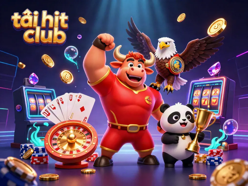 Play exciting games and tải hit club with dynamic 3D characters celebrating wins in a vibrant casino atmosphere.