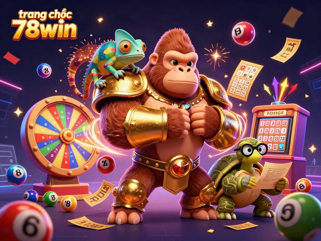 Engage with the dynamic world of trang chủ 78win showcasing vibrant casino elements and characters celebrating wins.