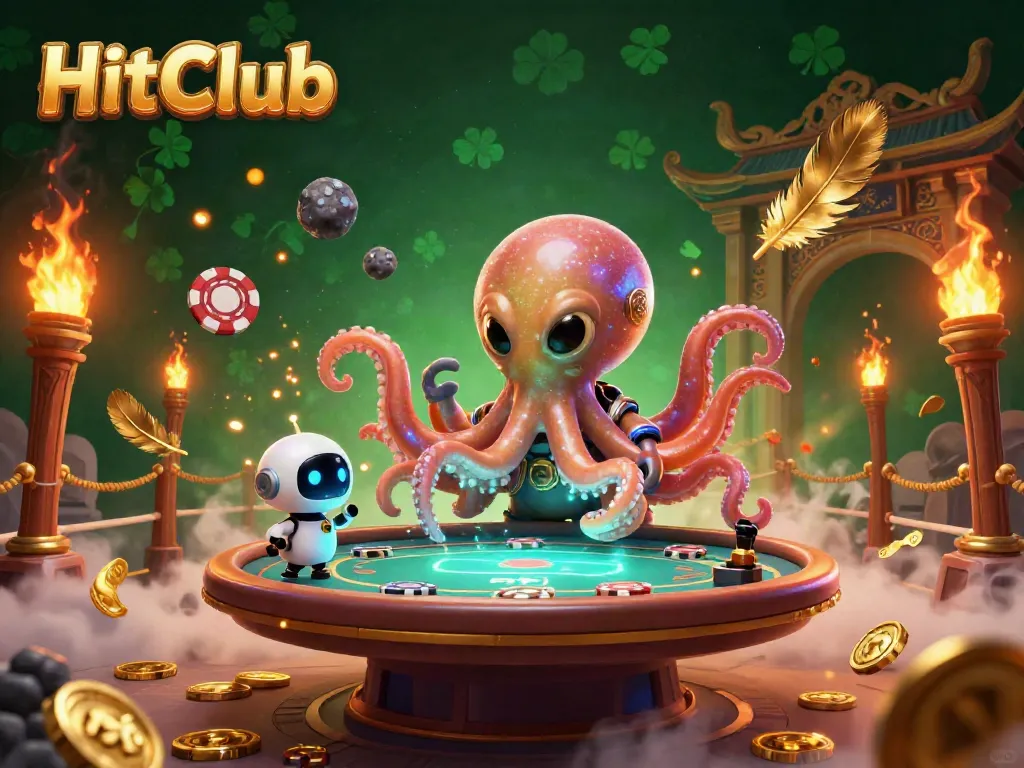 Experience thrilling gameplay at HitClub with an alien octopus dealer and holographic poker table in a vibrant casino world.