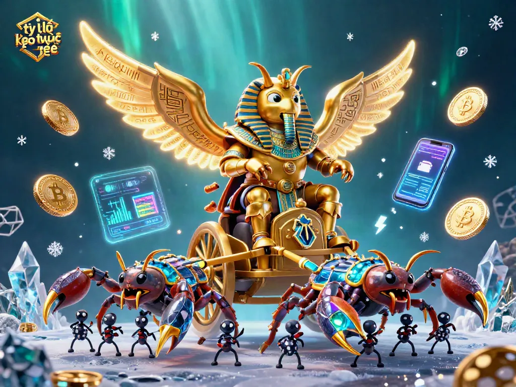 Experience tỷ lệ kèo trực tuyến with golden pharaoh beetle chariot, scorpions, and crypto elements.