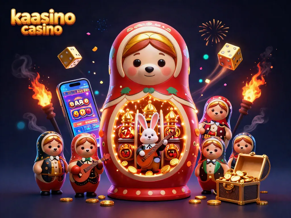 Kaasino casino features a vibrant scene with cartoon bears, dynamic slot machine action, and lively gaming elements.