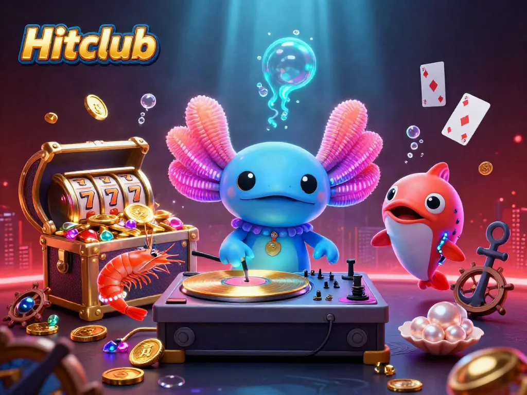Celebrate wins at Hitclub with vibrant 3D casino scene featuring neon characters and slot elements.