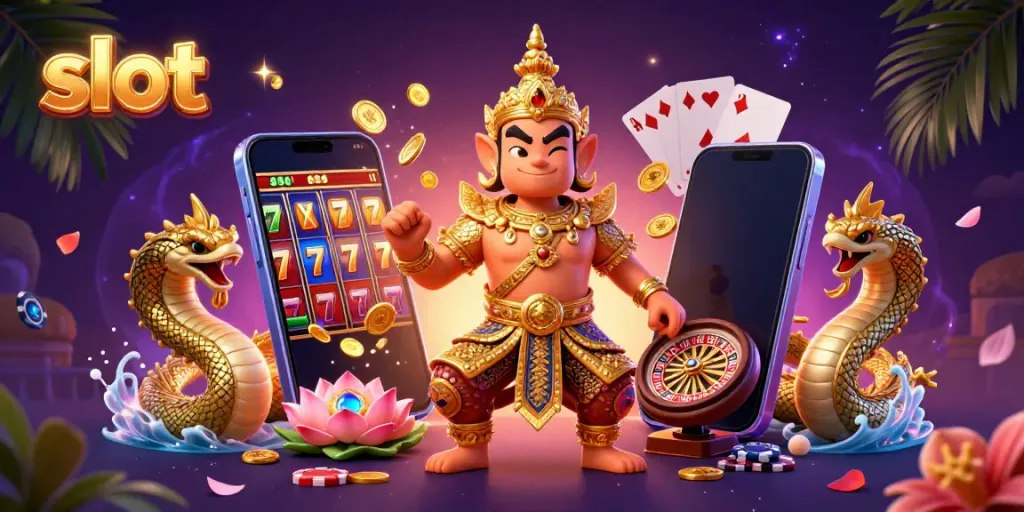 Experience spinning slots with golden coins and lively characters in this vibrant casino-themed illustration.