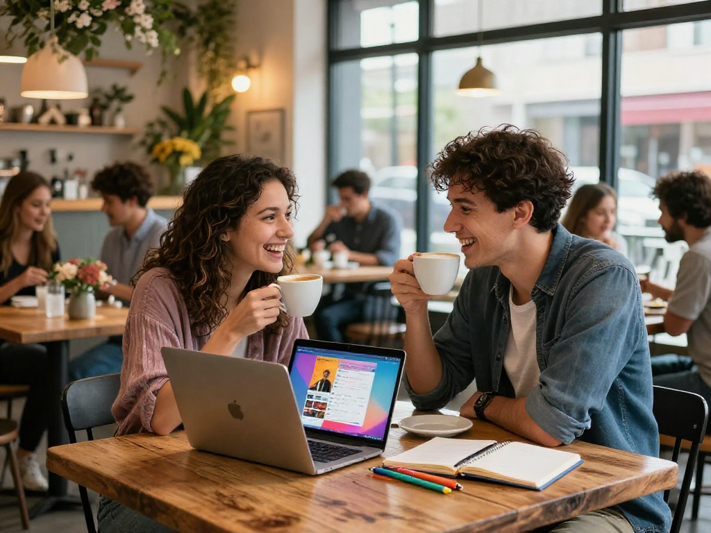 Couple enjoying coffee while exploring https://f168.dating/ in a cozy cafe setting