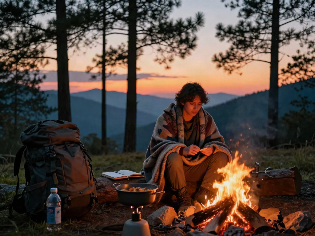 Rokok88 alternatif camping scene with traveler by campfire.