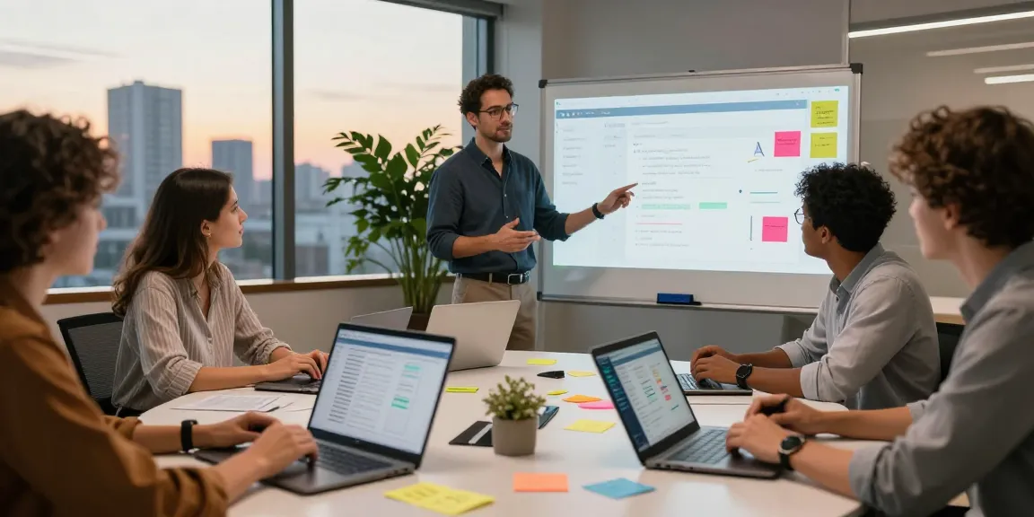Build internal tools with AI in a collaborative workspace with diverse professionals sharing insights on innovative projects.