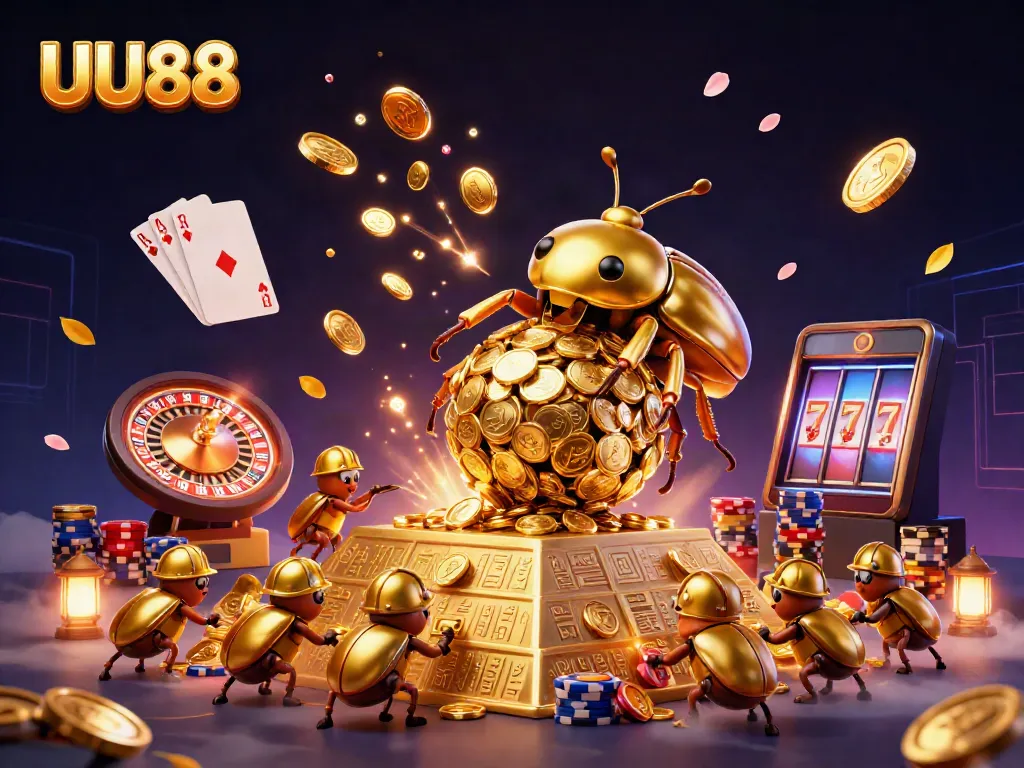 UU88 engaging casino illustration featuring beetles, coins, and gaming elements.