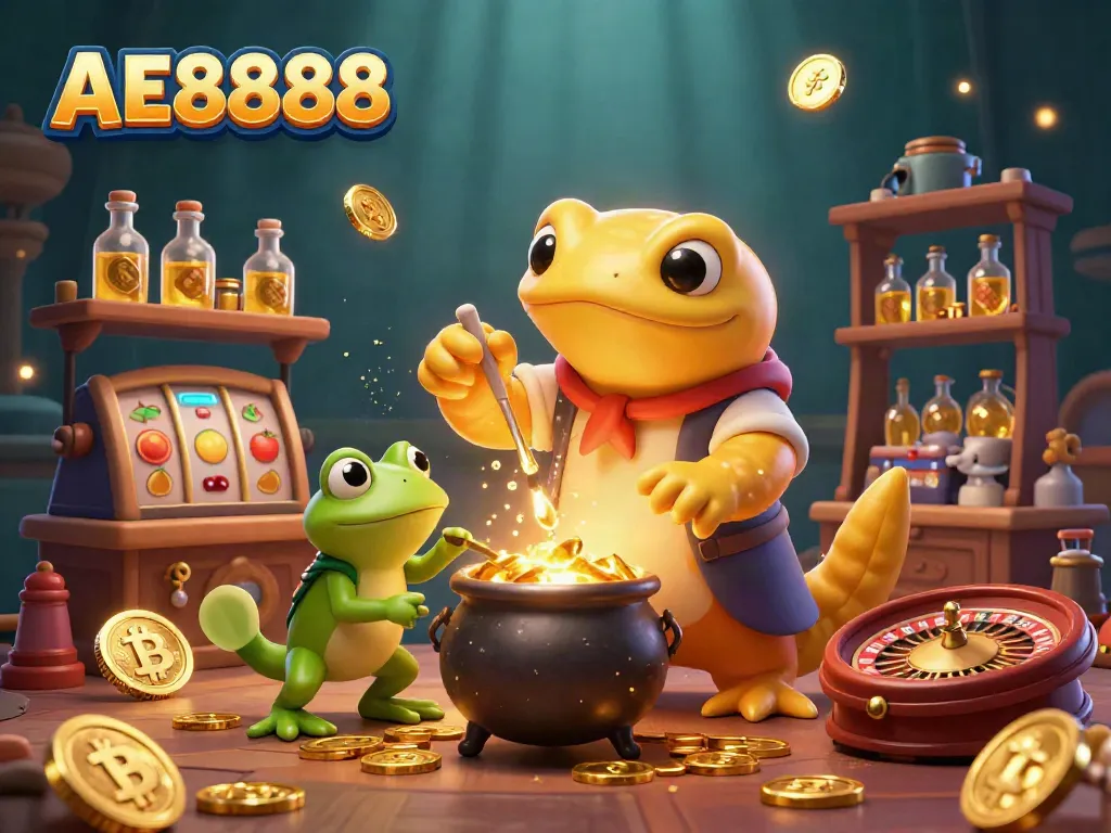Engage with AE8888's thrilling casino experience with a mystical golden alchemist and dynamic elements.