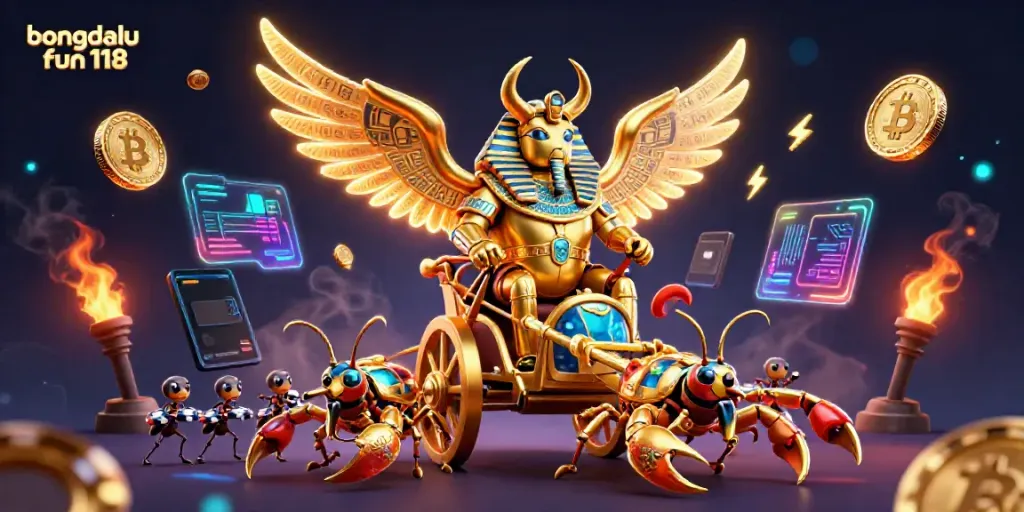 Experience thrilling gameplay with bongdalu fun 118, featuring a golden scarab beetle in a vibrant casino scene.