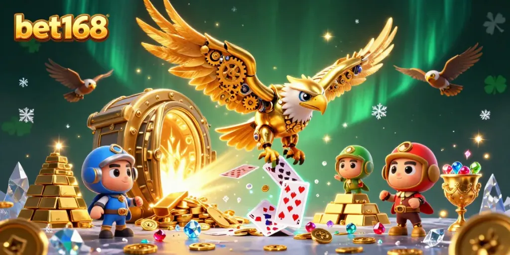Experience bet168 casino thrills with dynamic holographic cards, golden eagle, and treasure in an engaging scene.