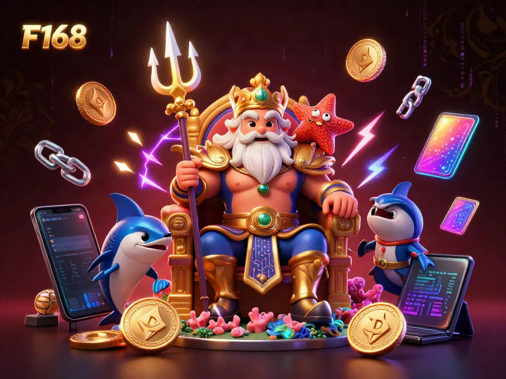 Experience the thrill of gaming at F168 with a vibrant digital casino scene featuring Neptune and elements of cryptocurrency.