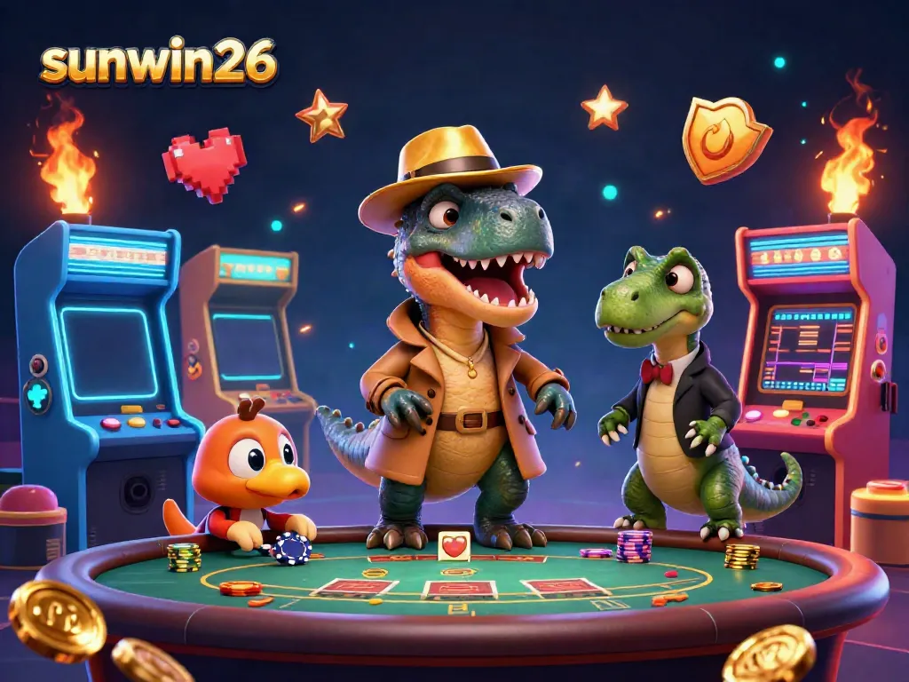Experience thrilling action at Sunwin26 with a velociraptor card counter and vibrant arcade animations.
