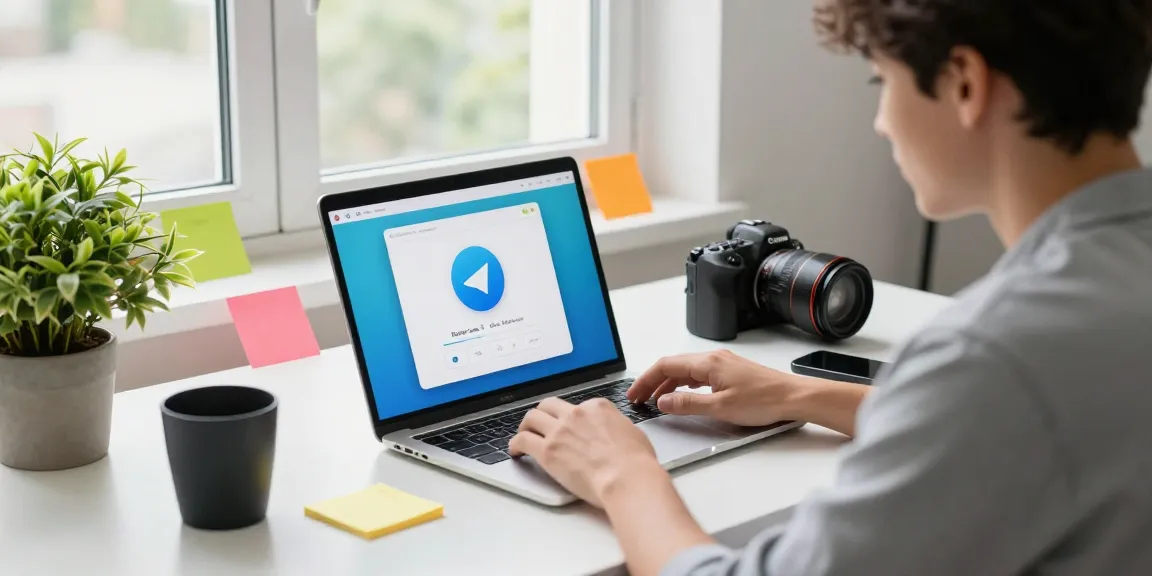 Download Telegram app displayed on laptop screen in a modern tech workspace.