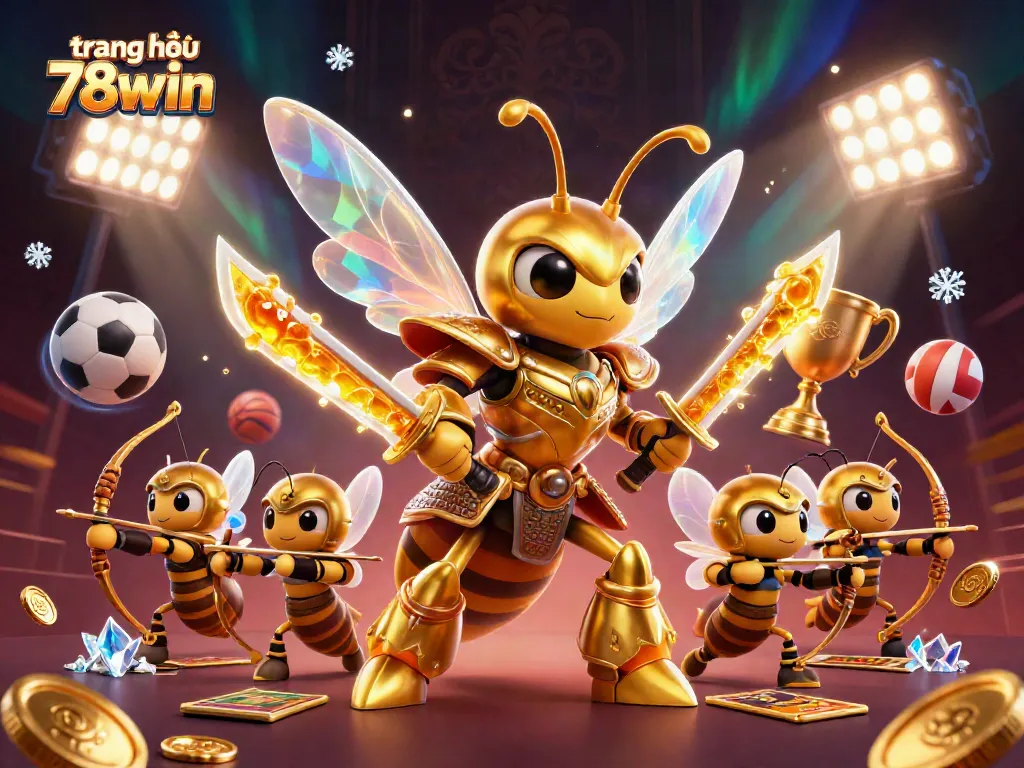 Engage with the dynamic scene showcasing the vibrant gaming universe of trang chủ 78win featuring sports balls and a golden hornet.