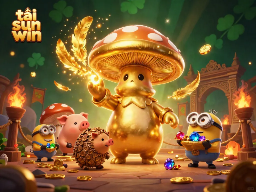 Engage in thrilling gameplay as you tải sun win featuring enchanting golden mushroom wizard and treasure-hunting pig amidst dynamic casino elements.
