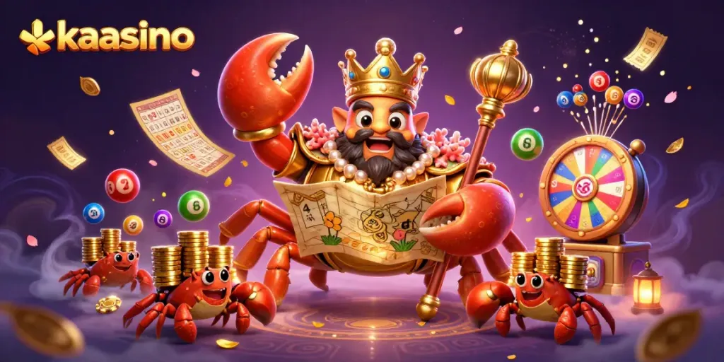Kaasino showcases a vibrant scene with a golden crab emperor and colorful lottery elements in a rich casino atmosphere.