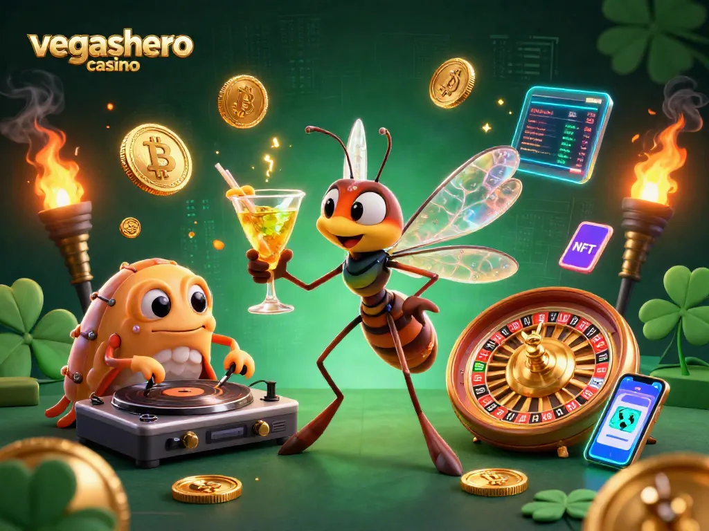 Experience the vegashero casino with a unique illustration of a lively frozen mosquito mascot, DJ trilobite, and golden roulette.