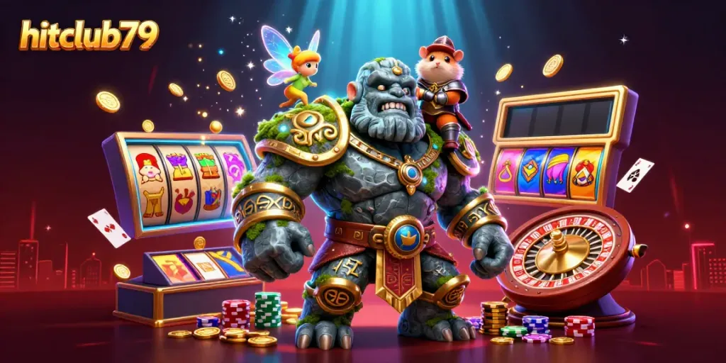 Experience thrilling gameplay and jackpots at hitclub79 with a cartoon golem, fairy, and knight in a lively casino scene.