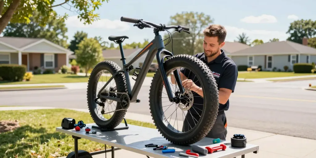 Fatbike reparatie in de buitenlucht door een mobiele monteur met gereedschap en blije eigenaar