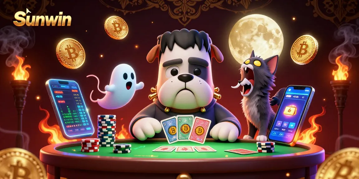 Sunwin: A vibrant 3D scene illustrating a monster dog dealer handling cards surrounded by crypto elements.