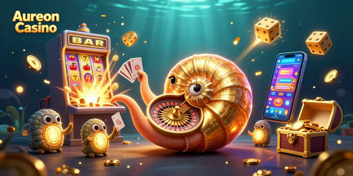Aureon Casino features an ancient giant nautilus as a roulette wheel amidst slot machines and casino symbols.