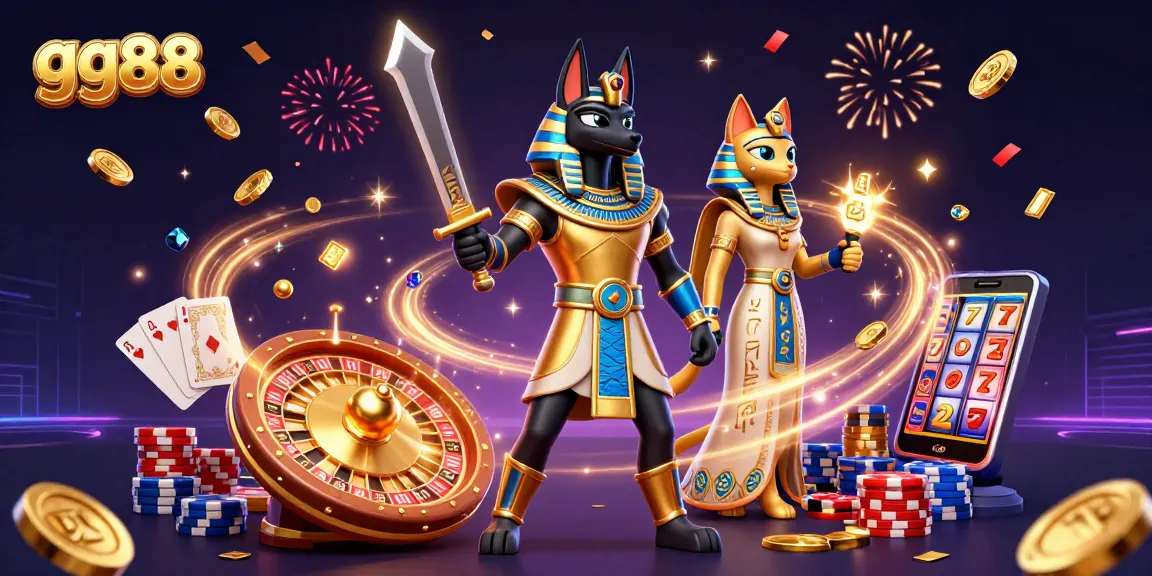 Win big with gg88 at the dynamic casino scene featuring Anubis and Bastet.